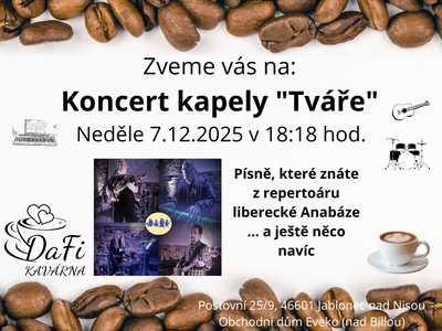 Koncert kapely "Tváře" – Kavárna DaFi, dětský koutek