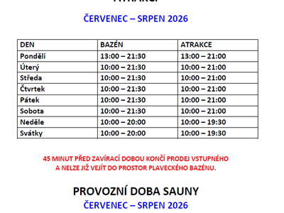Letní otevírací doba plaveckého bazénu – Plavecký bazén