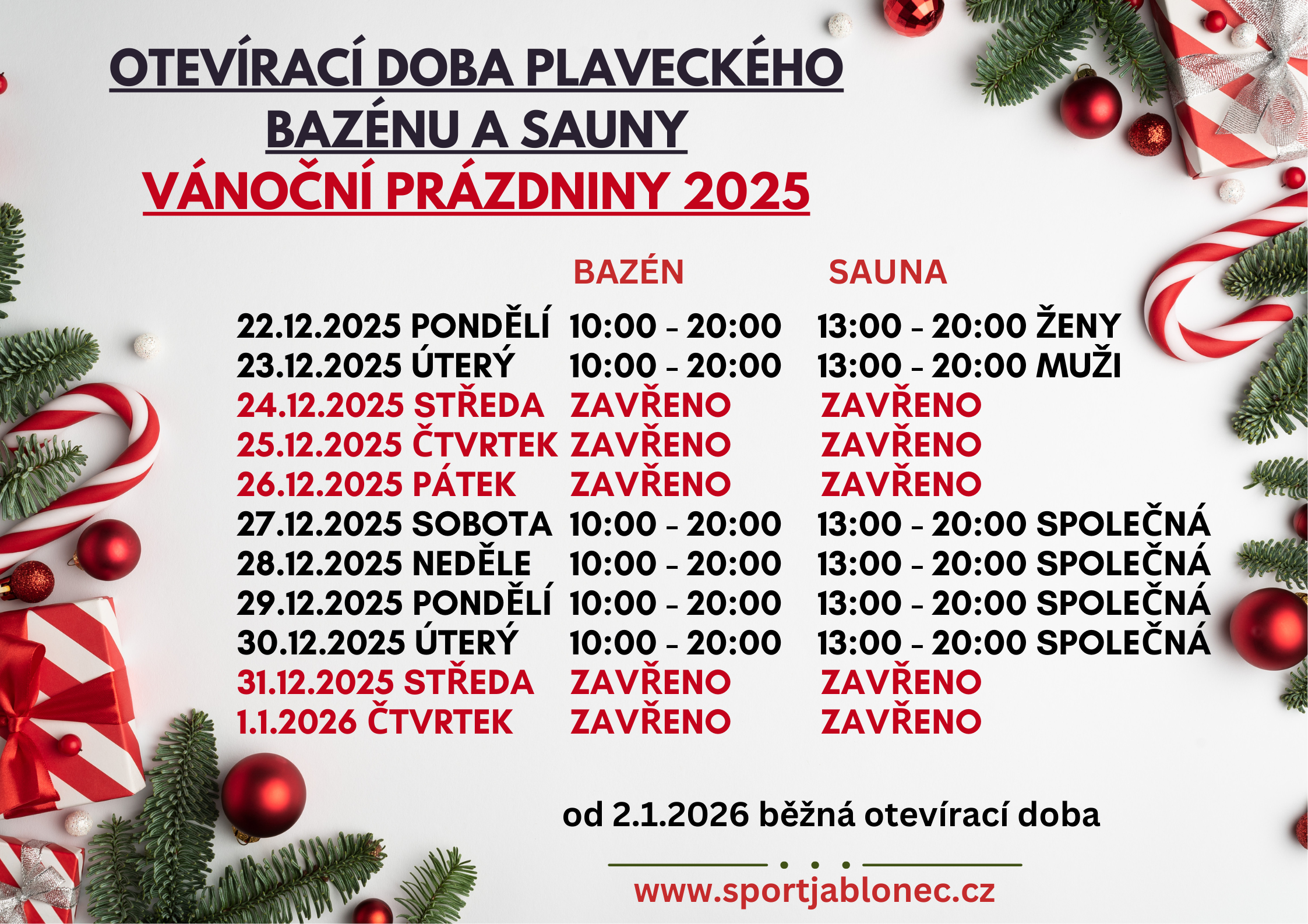 Vánoční otevírací doba plaveckého bazénu